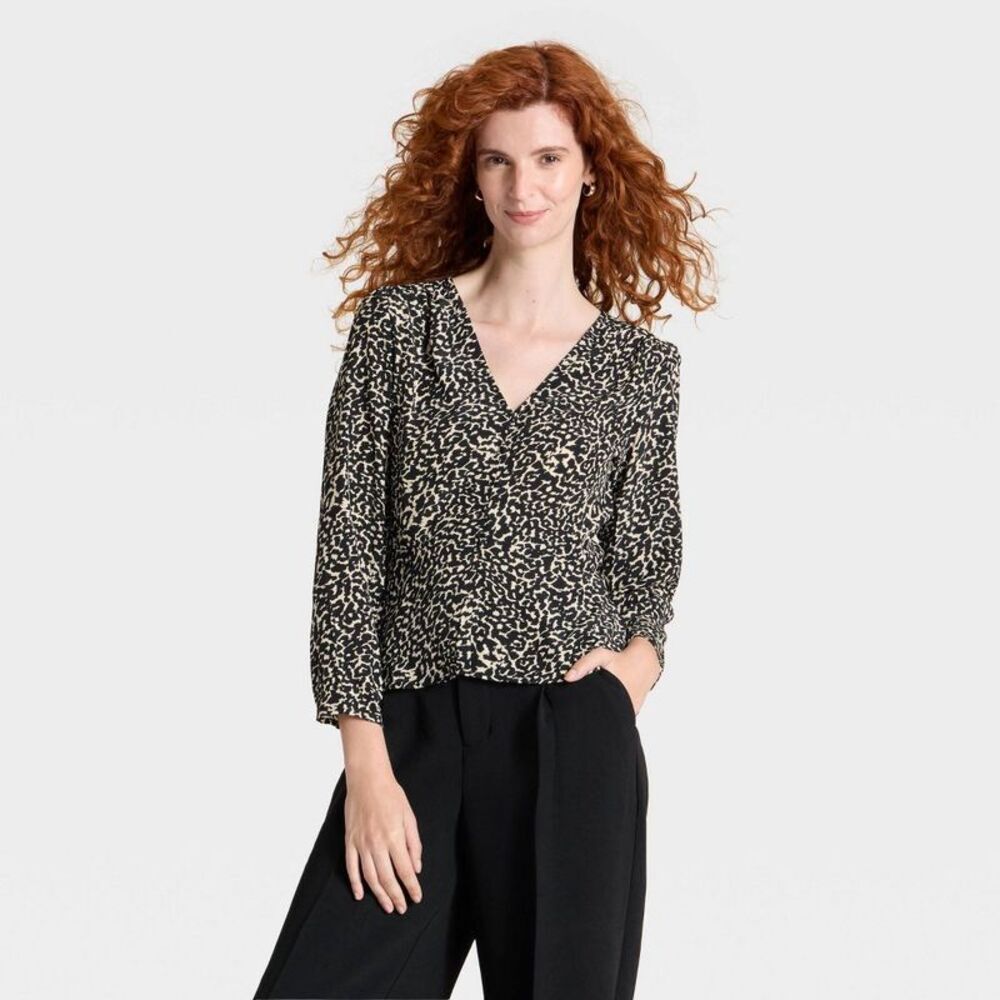 Women's Long Sleeve Button-Front Top - A New Day Leopard XS